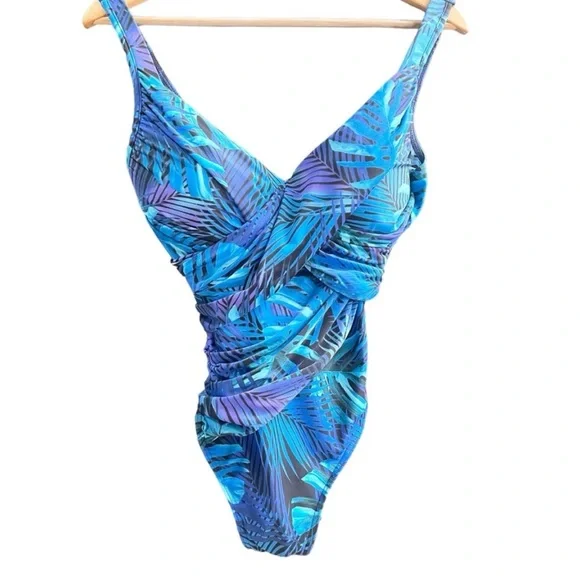 Miraclesuit Royal Palms Revele One Piece Swimsuit Blue Size 14 Slimming Tummy - Picture 2 of 12